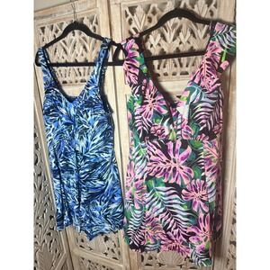 Fit 4 U Women Plus Size 20W Swim Dress Bundle Tropical Pink Blue Floral 2pc